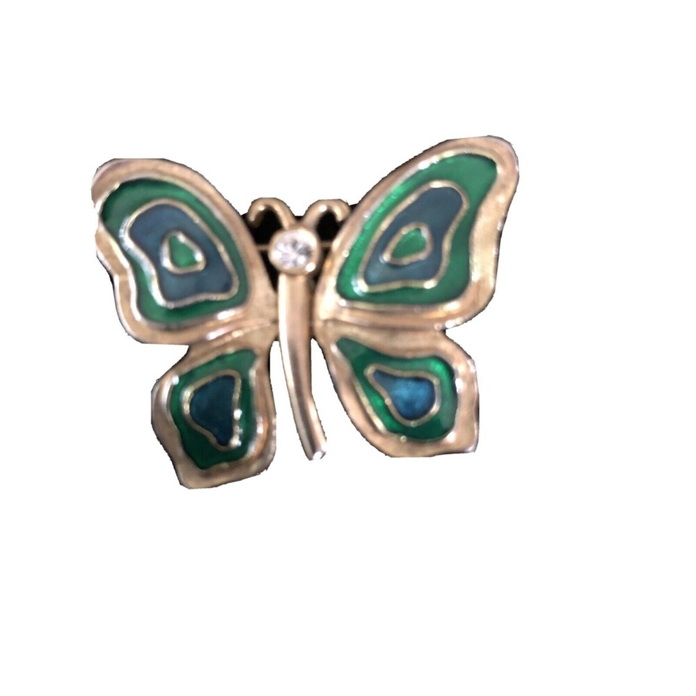 VINTAGE Signed LIA Green ENAMEL Butterfly Rhinestone Brooch GOLD TONE